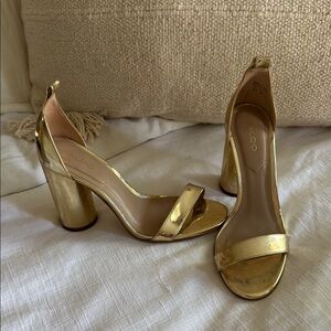 Aldo Gold Block Heel Sandals with Ankle Strap